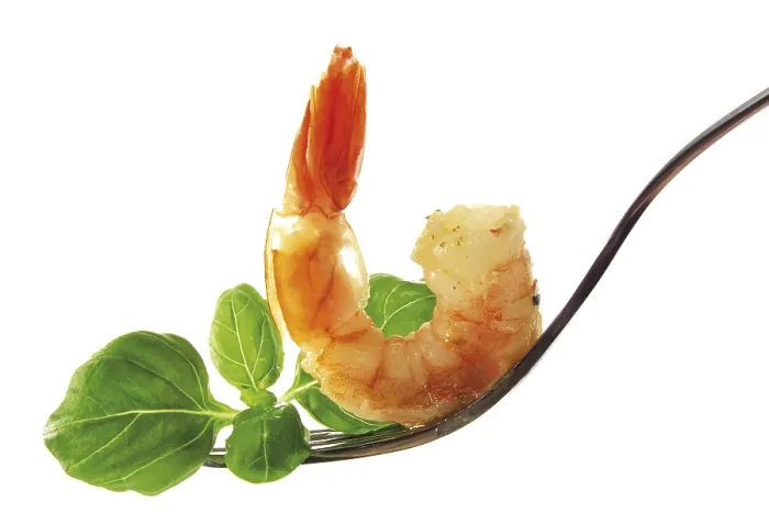 Framed Print : Print of Fork Holding Shrimp and Basil