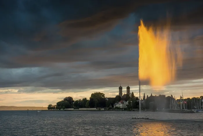 Framed Print : Fountain and Thunderclouds Print at Sunset, Friedrichshafen Germany Framed Print : Fountain and Thunderclouds Print at Sunset, Friedrichshafen Germany