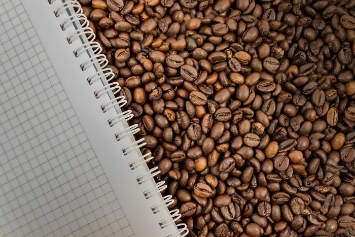 Framed Print : Full Frame Coffee Beans with Empty Notebook Print Framed Print : Full Frame Coffee Beans with Empty Notebook Print