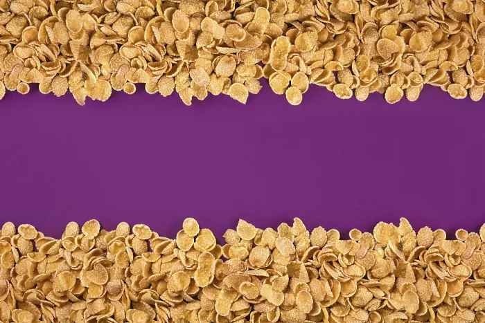 Framed Print : Still Life Print: Cornflakes on Purple Background Framed Print : Still Life Print: Cornflakes on Purple Background