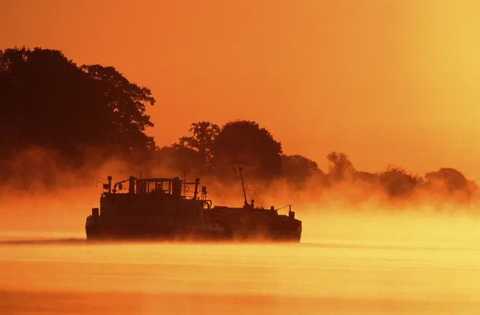 Framed Print : Freighter at Dawn on Elbe River Print, Lower Saxony, Germany Framed Print : Freighter at Dawn on Elbe River Print, Lower Saxony, Germany