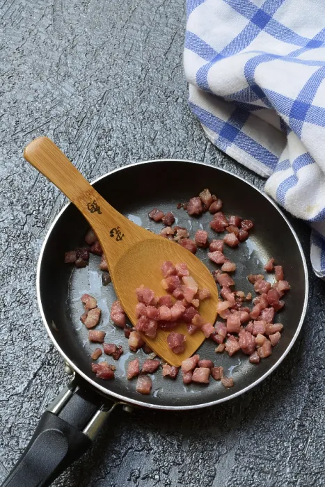 Framed Print : Fried Bacon Cubes in Pan Print Framed Print : Fried Bacon Cubes in Pan Print