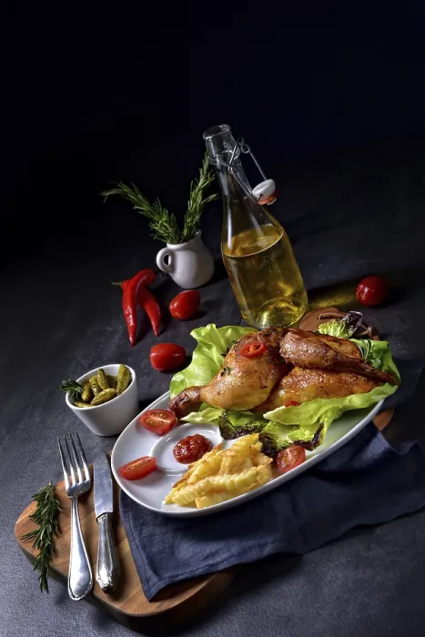 Framed Print : Fried Chicken with Chips and Salad Print Framed Print : Fried Chicken with Chips and Salad Print