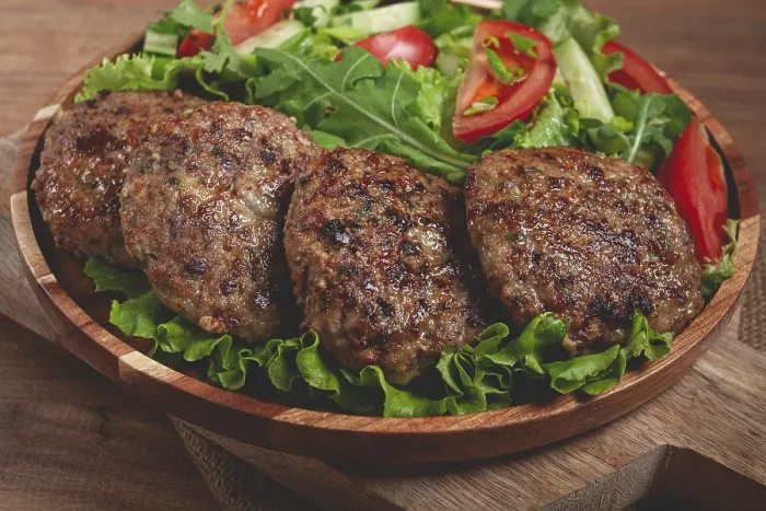 Framed Print : Fried Cutlets Print, Mixed Minced Meat with Vegetable Salad Framed Print : Fried Cutlets Print, Mixed Minced Meat with Vegetable Salad