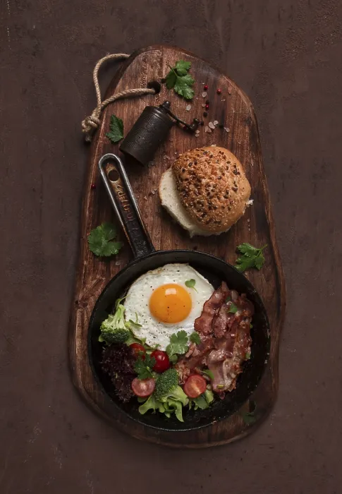 Framed Print : Print of Fried Egg with Bacon and Vegetables Framed Print : Print of Fried Egg with Bacon and Vegetables