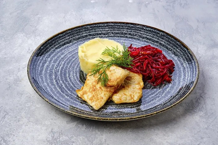 Framed Print : Fried Hake Print with Mashed Potato and Roasted Beetroot Framed Print : Fried Hake Print with Mashed Potato and Roasted Beetroot