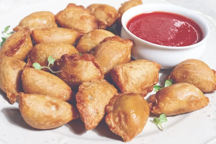 Framed Print : Fried Mini Chebureks Print with Sauce Framed Print : Fried Mini Chebureks Print with Sauce