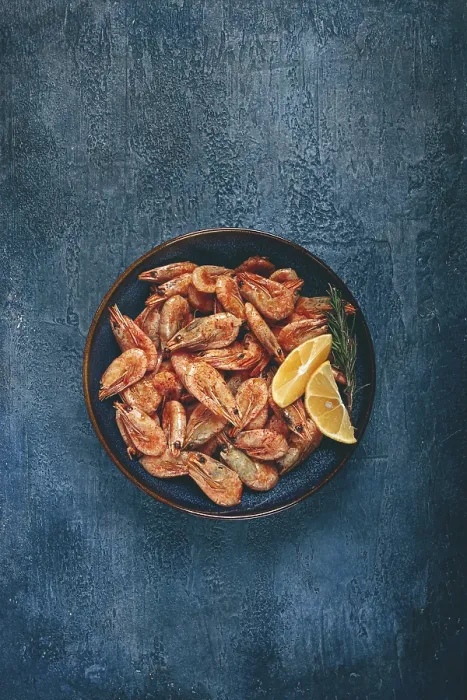 Framed Print : Fried Shrimp Print, Unpeeled on Blue Background Framed Print : Fried Shrimp Print, Unpeeled on Blue Background