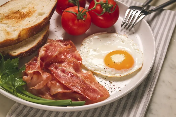 Framed Print : Homemade Breakfast Print with Egg, Bacon and Cherry Framed Print : Homemade Breakfast Print with Egg, Bacon and Cherry