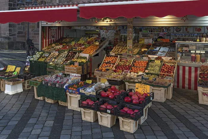 Framed Print : Fruit Stand Print in Nuremberg Pedestrian Zone, Germany Framed Print : Fruit Stand Print in Nuremberg Pedestrian Zone, Germany