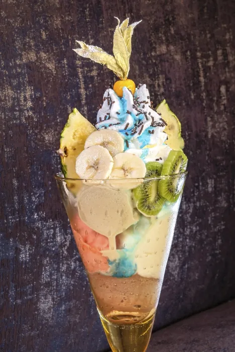 Framed Print : Fruit Sundae Print on Brown Background Framed Print : Fruit Sundae Print on Brown Background