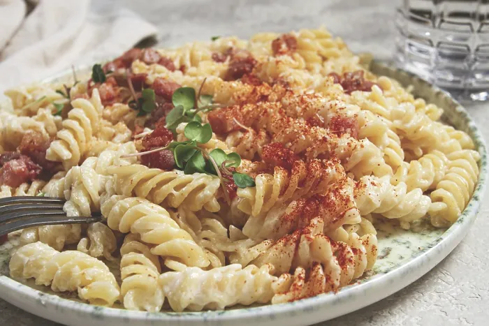 Framed Print : Fusilli pasta with cheese and bacon print, homemade Framed Print : Fusilli pasta with cheese and bacon print, homemade