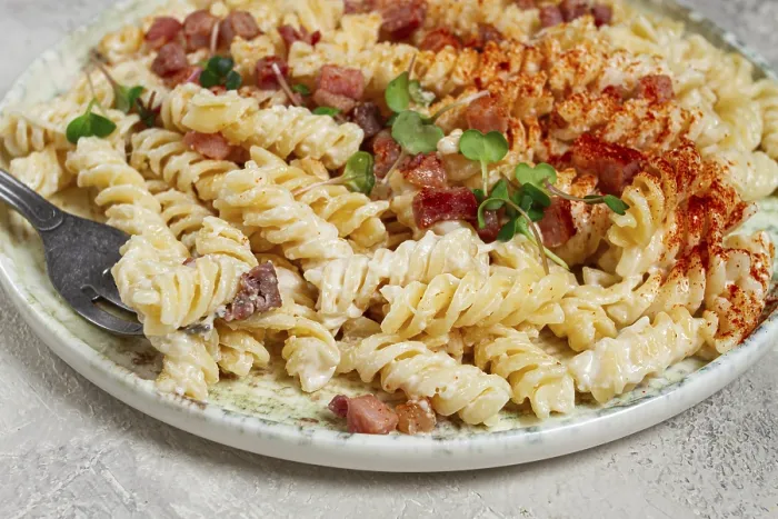 Framed Print : Fusilli Pasta with Cheese and Bacon Print Framed Print : Fusilli Pasta with Cheese and Bacon Print