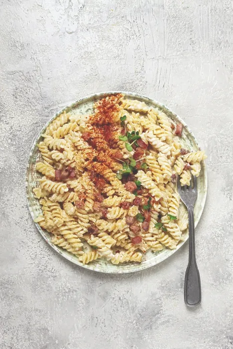 Framed Print : Fusilli Pasta with Cheese and Bacon Print Framed Print : Fusilli Pasta with Cheese and Bacon Print