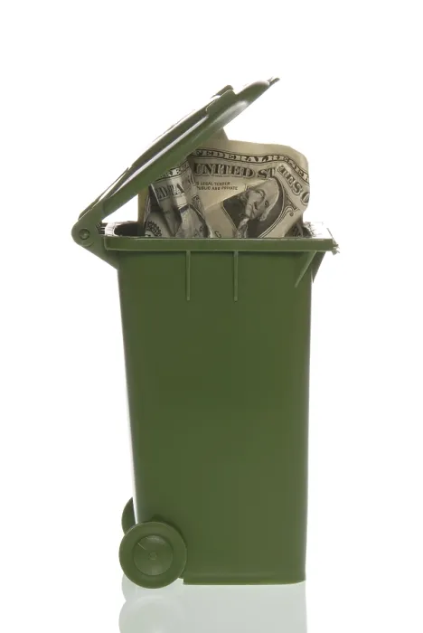 Framed Print : Garbage Container with Dollar Bills Print