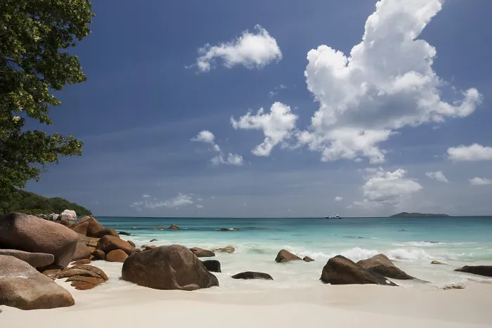 Framed Print : Granite Cliffs and Beach Print, Praslin Island, Seychelles Framed Print : Granite Cliffs and Beach Print, Praslin Island, Seychelles