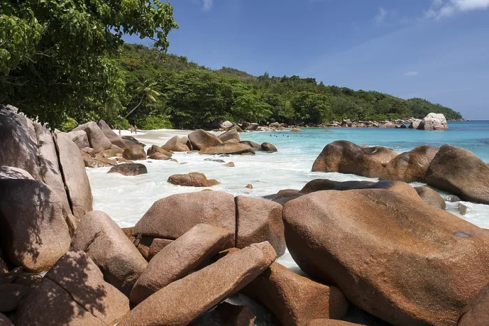 Framed Print : Granite Cliffs and Beach Print, Praslin Island, Seychelles Framed Print : Granite Cliffs and Beach Print, Praslin Island, Seychelles