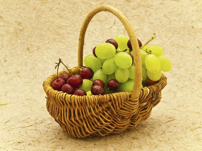 Framed Print : Grape and Cherry in Basket Print Over Beige Background Framed Print : Grape and Cherry in Basket Print Over Beige Background
