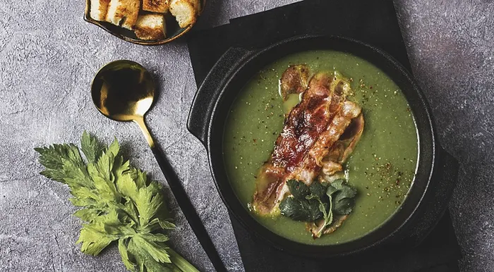 Framed Print : Green Mashed Soup with Bacon and Croutons Print Framed Print : Green Mashed Soup with Bacon and Croutons Print