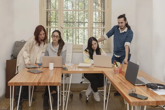 Framed Print : Office Collaboration Print: Four Colleagues Working Together Framed Print : Office Collaboration Print: Four Colleagues Working Together