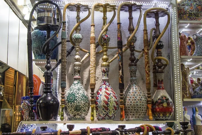 Framed Print : Eastern Hookahs Print - Colorful Collection on a Shelf Framed Print : Eastern Hookahs Print - Colorful Collection on a Shelf
