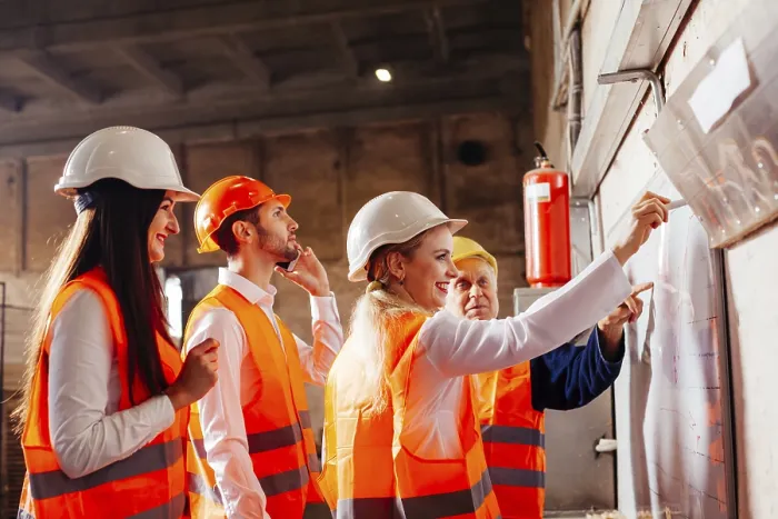 Framed Print : Workers Plan Work Near Flip Chart Print
