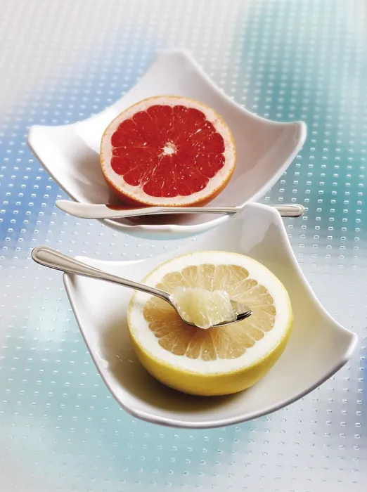 Framed Print : Half Grapefruit in Porcelain Bowls Print