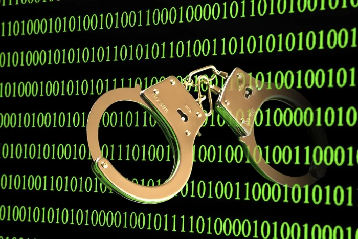 Framed Print : Binary Handcuffs Print: Computer Criminality Symbol
