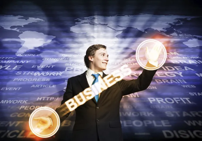 Framed Print : Digital Print: Handsome Businessman in Virtual Interface Framed Print : Digital Print: Handsome Businessman in Virtual Interface