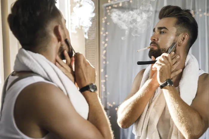 Framed Print : Handsome Man Shaving and Smoking Print Framed Print : Handsome Man Shaving and Smoking Print