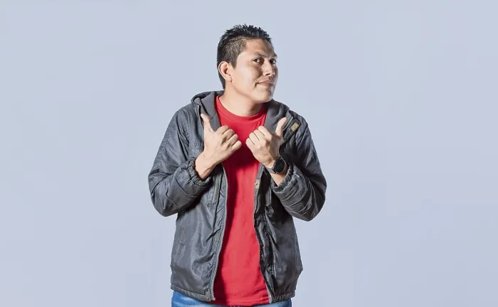 Framed Print : Young Man Pointing to the Side Print
