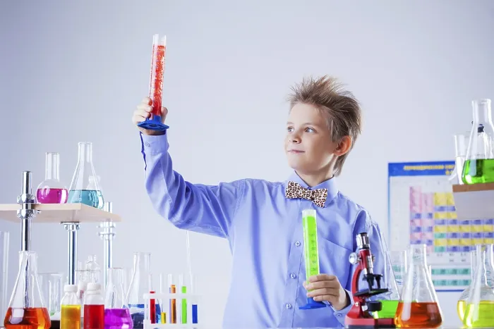 Framed Print : Handsome School Boy Print with Test-Tubes in Lab Framed Print : Handsome School Boy Print with Test-Tubes in Lab