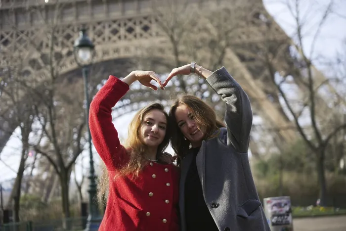 Framed Print : Eiffel Tower Print Featuring Two Friends in a Heart Shape Framed Print : Eiffel Tower Print Featuring Two Friends in a Heart Shape