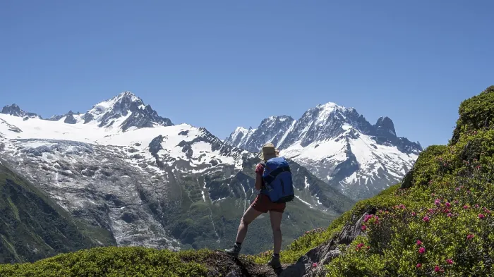 Framed Print : Hiker in Chamonix, Mont Blanc Panorama Print