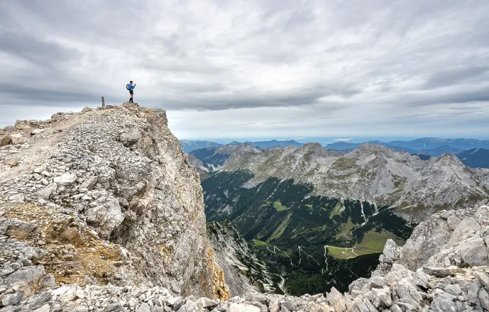 Framed Print : Hiker at Eastern Odlspitze Summit, Karwendel Valley Print Framed Print : Hiker at Eastern Odlspitze Summit, Karwendel Valley Print