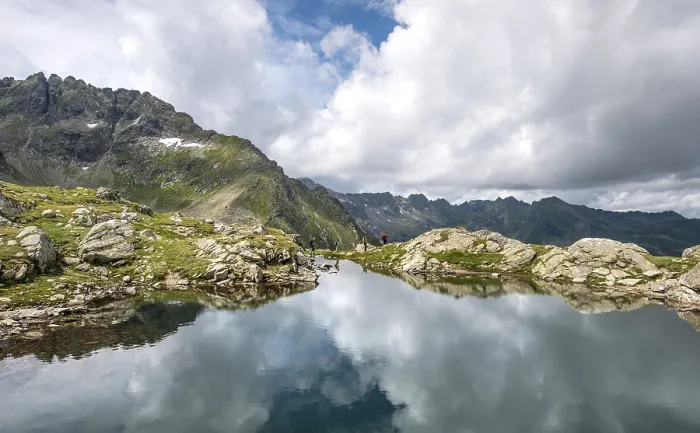 Framed Print : Hikers Reflected in Lake Print, Klafferkessel, Austria Framed Print : Hikers Reflected in Lake Print, Klafferkessel, Austria