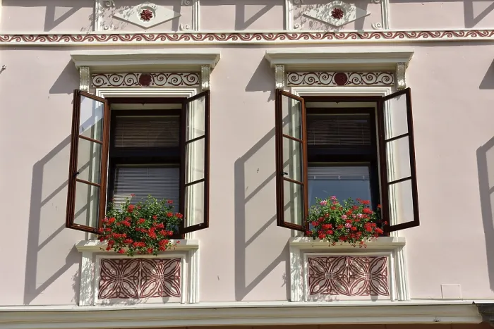 Framed Print : House Facade with Windows Print, Skofja Loka, Slovenia