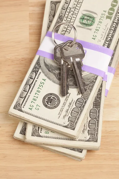 Framed Print : House Keys on Stack of Money Print, Cash for Keys Program Framed Print : House Keys on Stack of Money Print, Cash for Keys Program