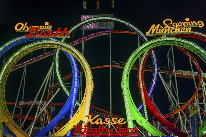 Framed Print : Illuminated Olympia five-loop roller coaster print, Munich, Germany Framed Print : Illuminated Olympia five-loop roller coaster print, Munich, Germany