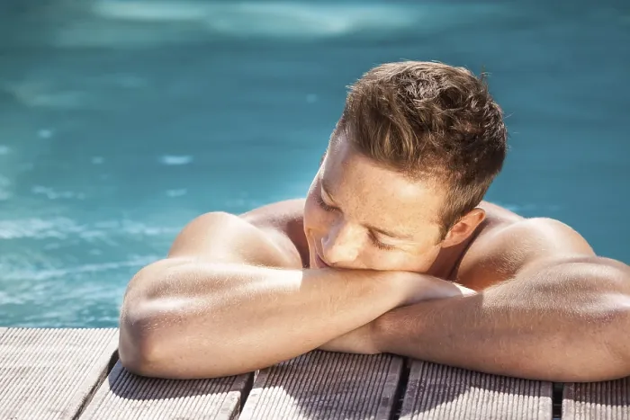 Framed Print : Poolside Portrait Print of a Handsome Man Framed Print : Poolside Portrait Print of a Handsome Man