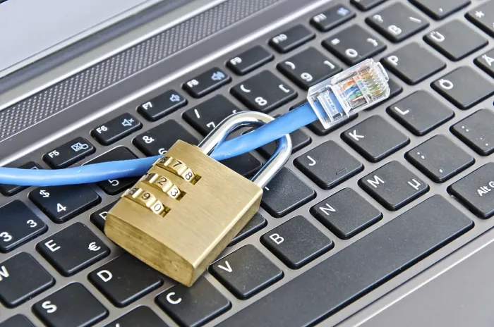 Framed Print : Secure Data Print: Internet Cable and Padlock on Keyboard Framed Print : Secure Data Print: Internet Cable and Padlock on Keyboard