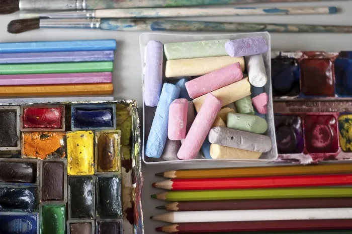 Framed Print : Items for Drawing and Art: Print of Crayons, Paints, Brushes Framed Print : Items for Drawing and Art: Print of Crayons, Paints, Brushes