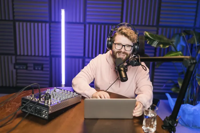 Framed Print : Print of a Young Male Radio Host Reading from a Script Framed Print : Print of a Young Male Radio Host Reading from a Script