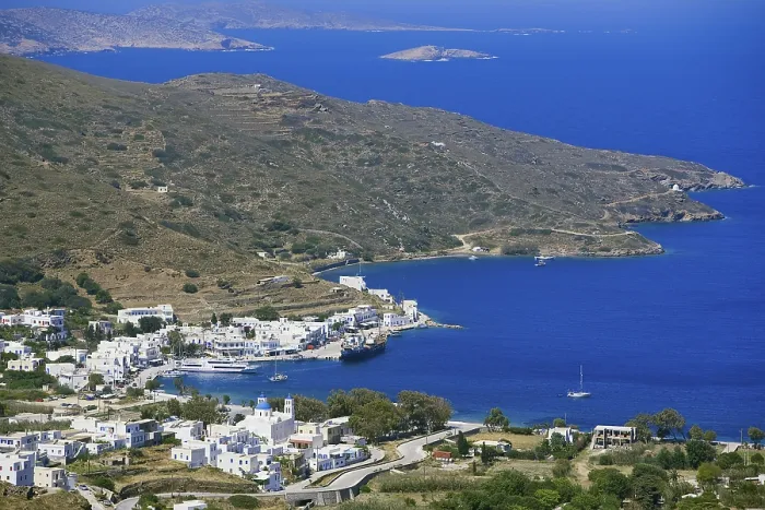 Framed Print : Katapola Harbour Elevated View Print, Amorgos Island, Greece