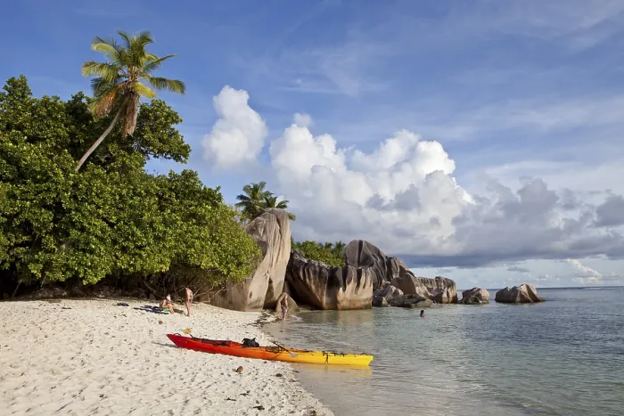 Framed Print : Kayaking at Anse Source d'Argent Print, La Digue, Seychelles Framed Print : Kayaking at Anse Source d'Argent Print, La Digue, Seychelles