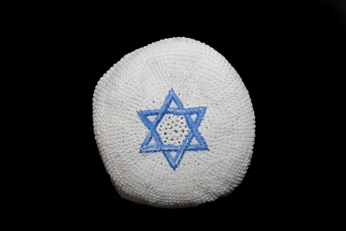 Framed Print : A Knitted Kippa with Blue Star of David Print Framed Print : A Knitted Kippa with Blue Star of David Print