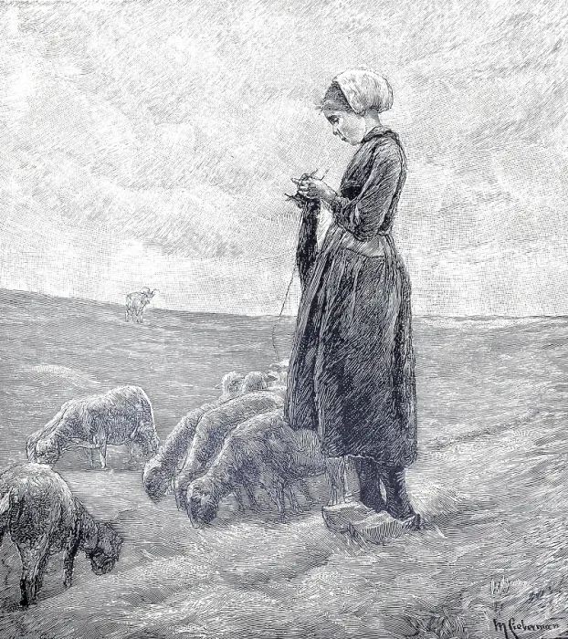 Framed Print : Knitting Shepherds with their Flock, 1880 Print, Holland Framed Print : Knitting Shepherds with their Flock, 1880 Print, Holland
