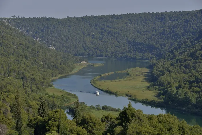 Framed Print : Krka River Print with Excursion Boat, Croatia Framed Print : Krka River Print with Excursion Boat, Croatia