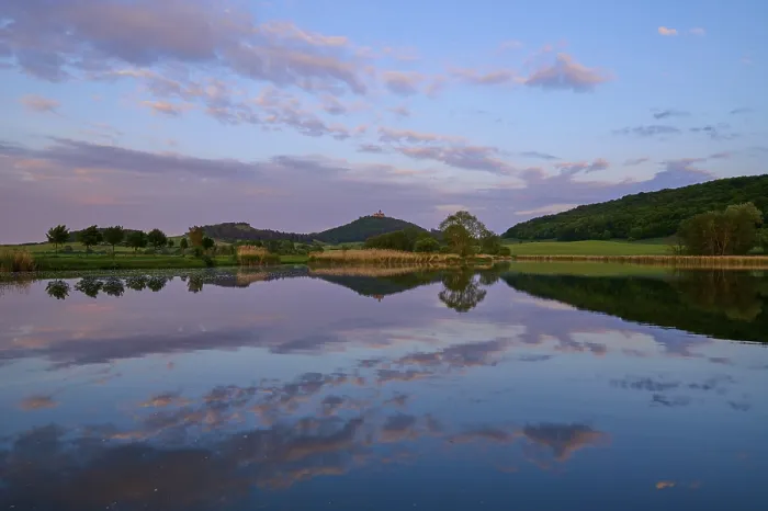 Framed Print : Lake with Reflection in Spring with Castle at Sunset Print, Thuringia, Germany Framed Print : Lake with Reflection in Spring with Castle at Sunset Print, Thuringia, Germany
