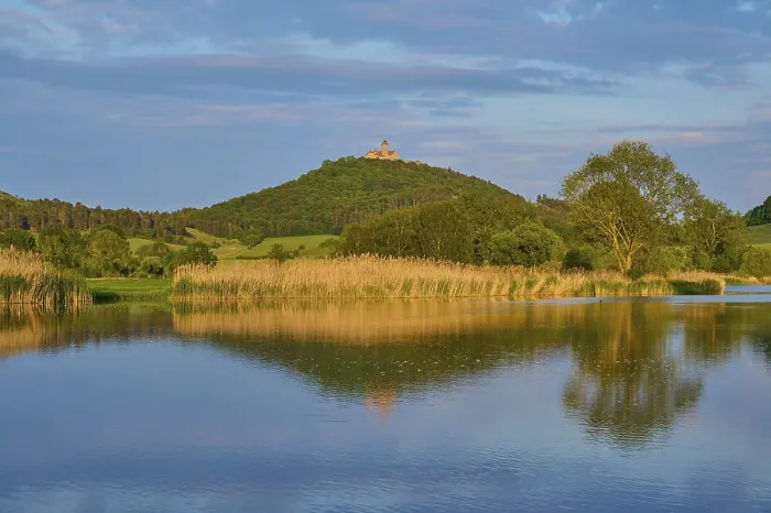 Framed Print : Lake in Spring with Castle at Sunset Print, Thuringia, Germany Framed Print : Lake in Spring with Castle at Sunset Print, Thuringia, Germany